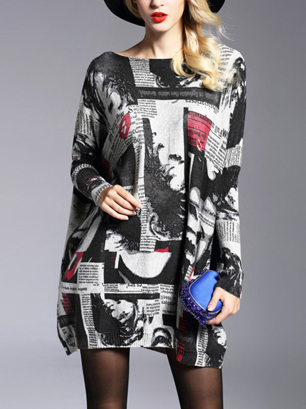 Boat Neck Batwing Sleeve Newspaper Print Oversized Knit Sweater 2
