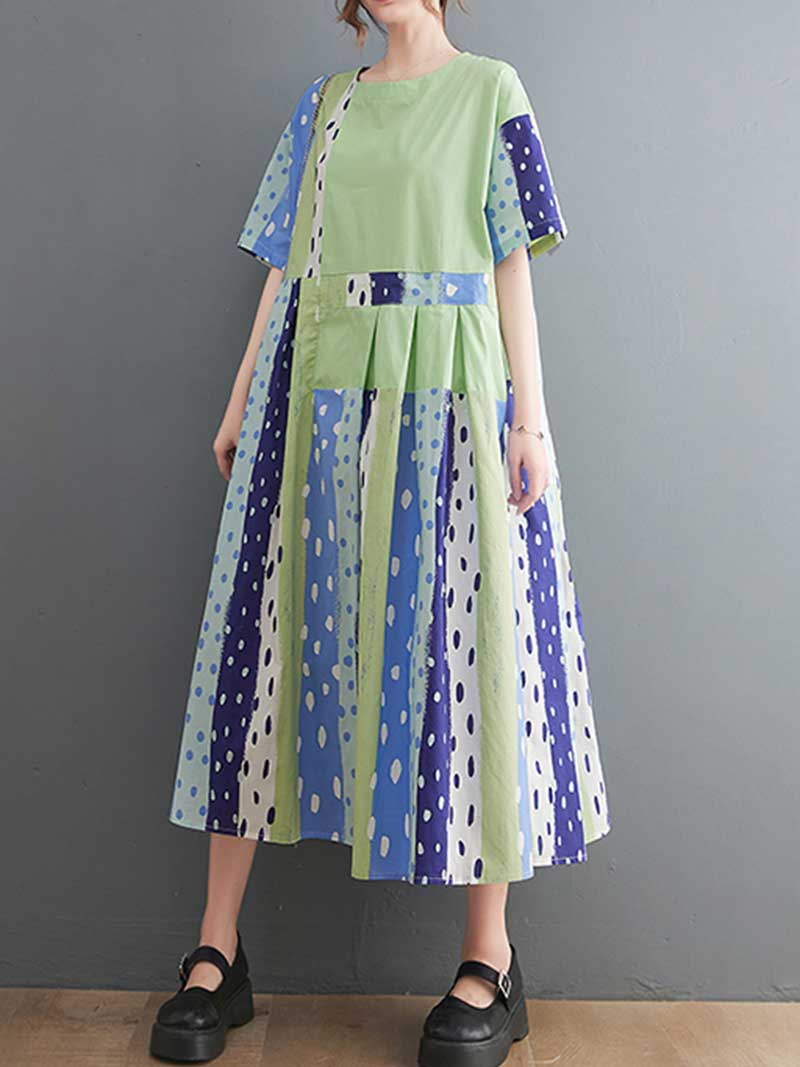 Round Neck Polka Dot Patchwork Short Sleeve Pleated A-Line Midi Dress 9