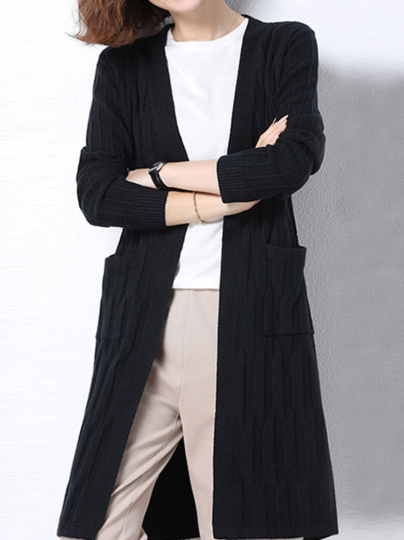 Open Front Ribbed Knit Patch Pocket Long Sleeve Cardigan 4