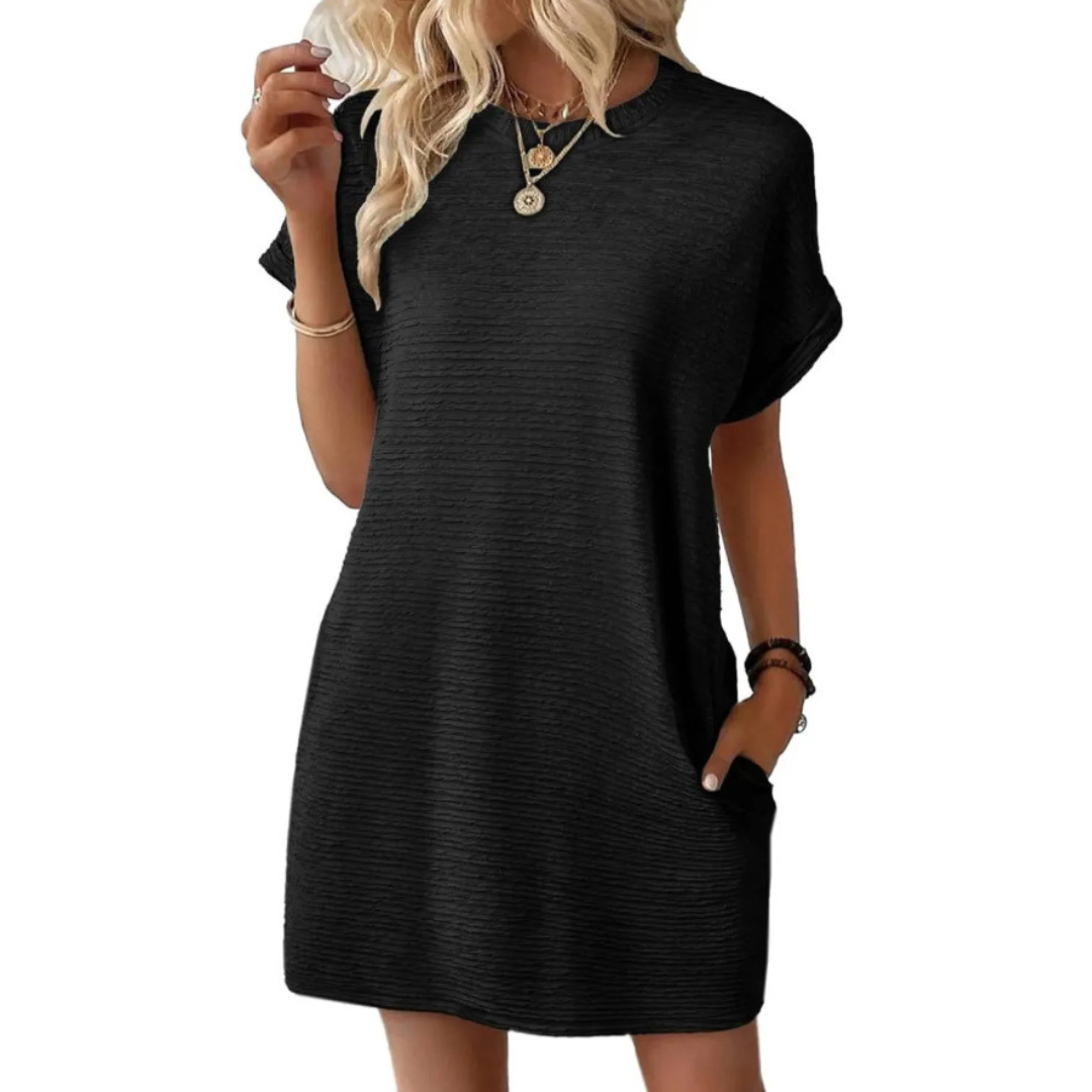 Round Neck Textured Cuffed Sleeve Pocket Shift Mini Dress