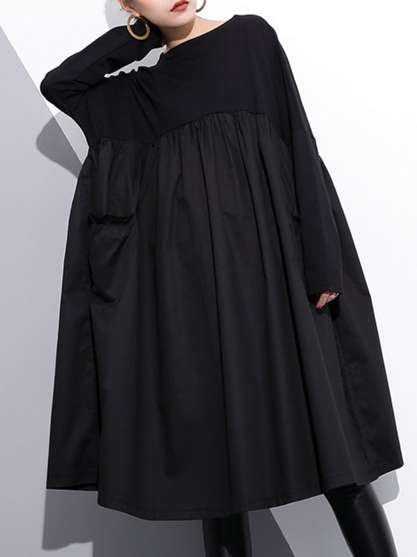 Black Round Neck Long Sleeve Pleated Pocket Smock Midi Dress