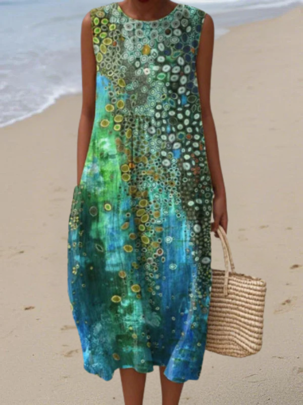 Multicolor Round Neck Sleeveless Abstract Spotted Print A-Line Midi Dress