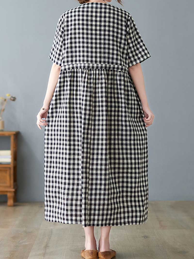 Black V-Neck Gingham Plaid Drawstring Waist Short Sleeve Cotton Midi Dress