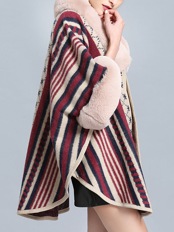 Faux Fur Collar Striped Aztec Print Cape Cardigan 11
