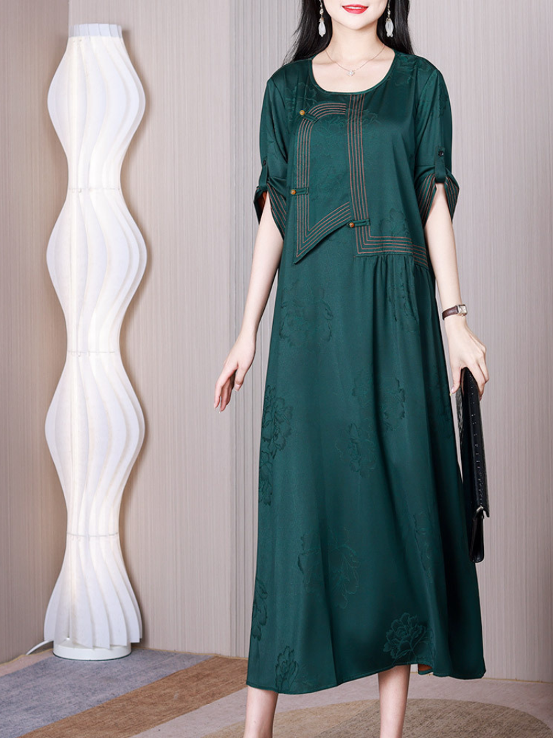 Green Round Neck Short Sleeve Jacquard Floral Paneled A-Line Midi Dress