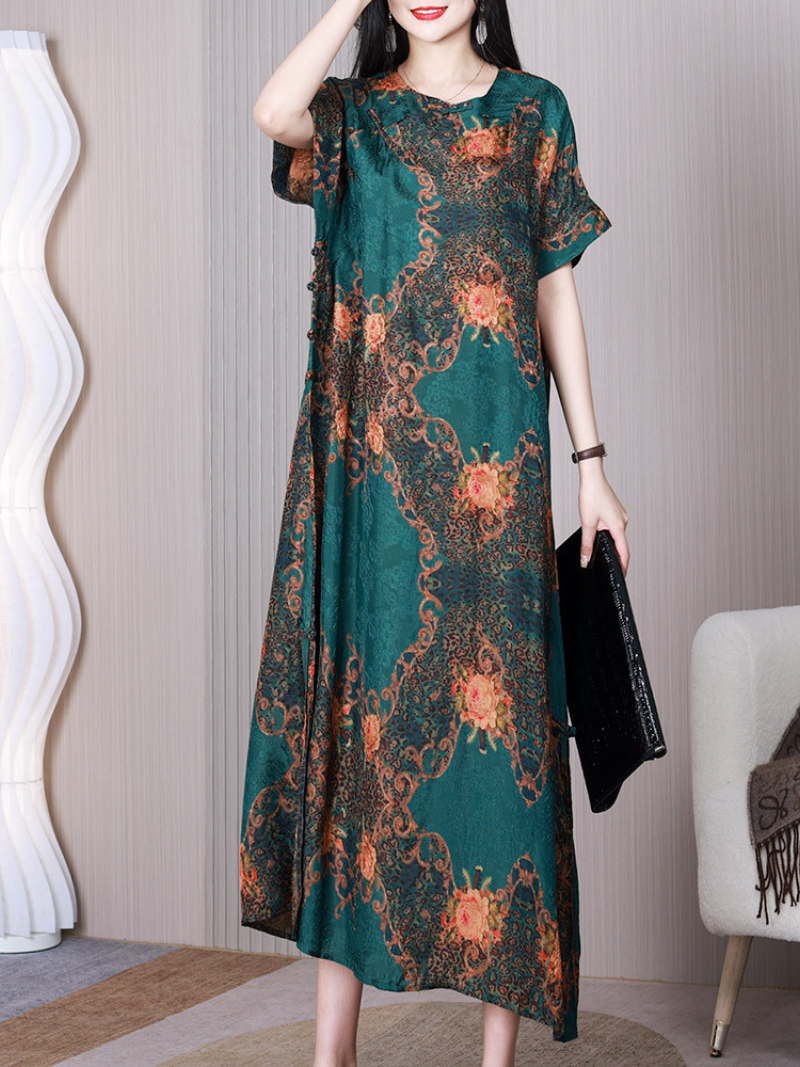 Green Round Neck Short Sleeve Floral Print Satin Shift Maxi Dress 2