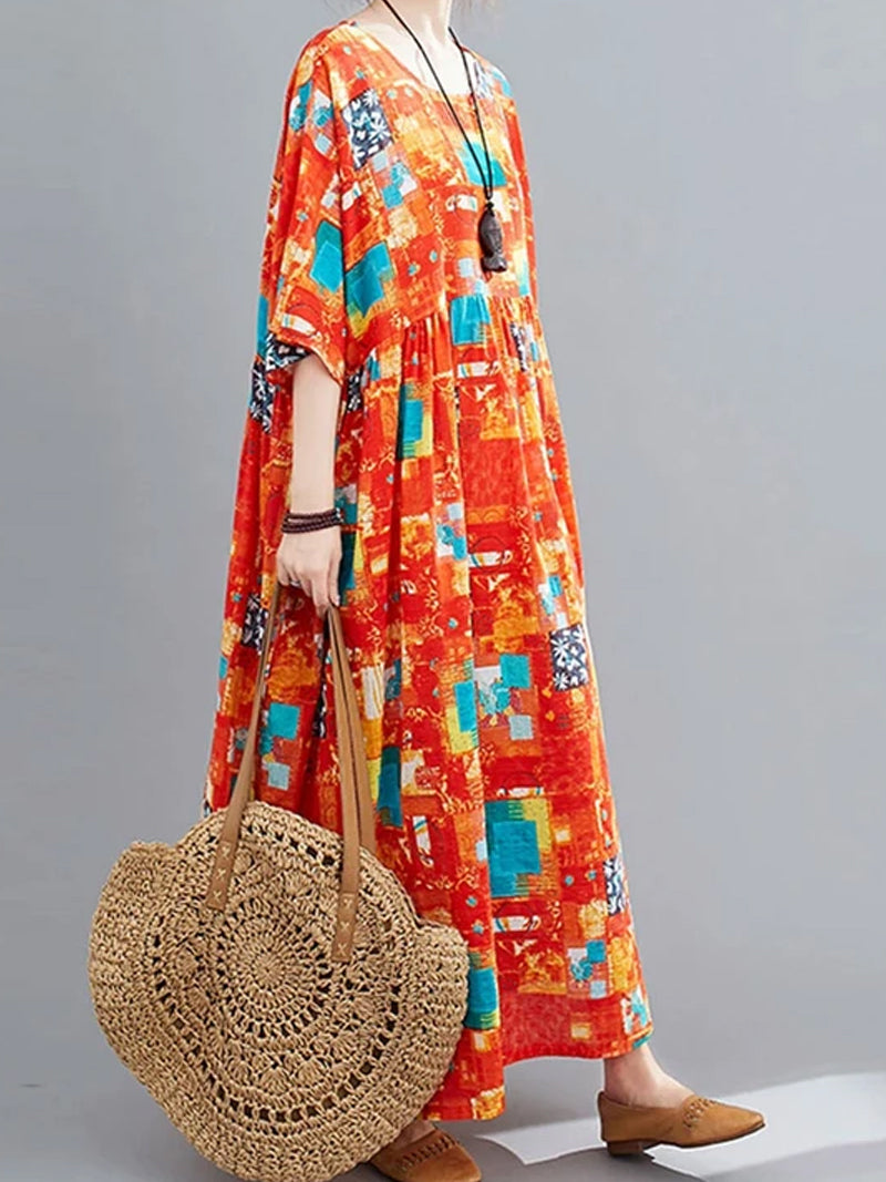 Orange Round Neck Abstract Print Batwing Sleeve Loose Smock Maxi Dress 2