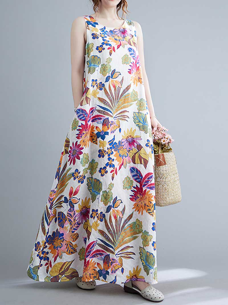 Round Neck Sleeveless Tropical Floral Print Loose A-Line Maxi Dress