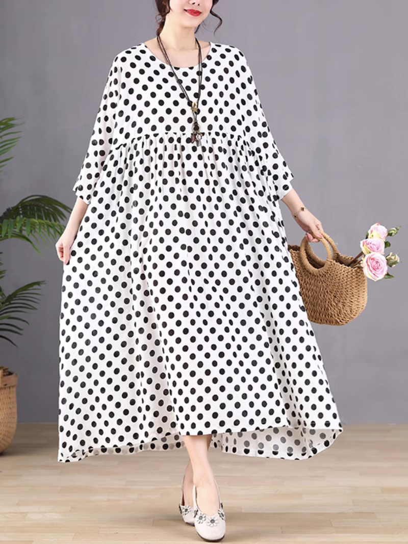 Round Neck Polka Dot Batwing Sleeve Loose Smock Maxi Dress