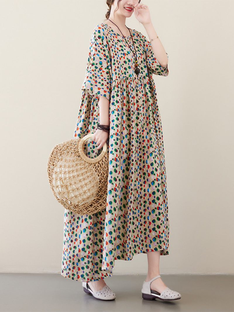 Multicolor Round Neck Polka Dot Half Sleeve Pleated Loose Smock Maxi Dress