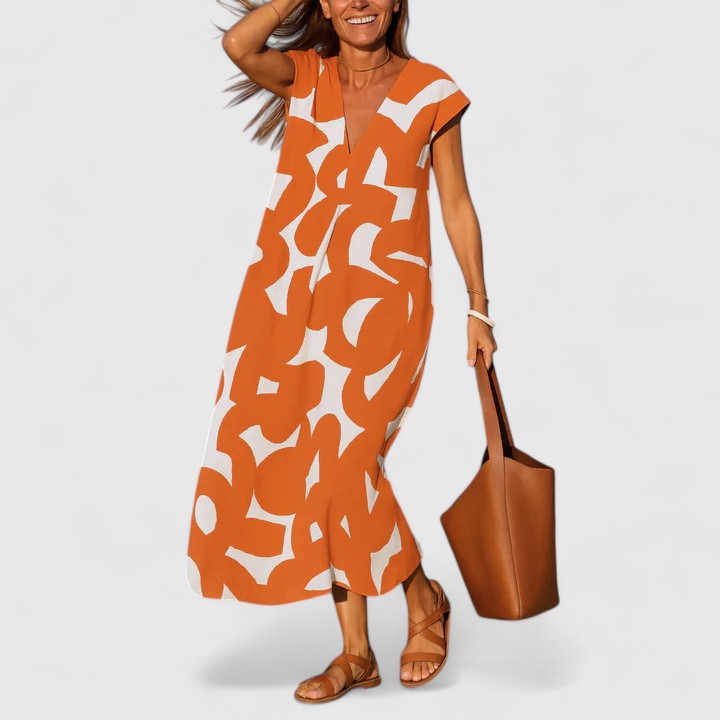 V-Neck Geometric Print Cap Sleeve Relaxed A-Line Midi Dress