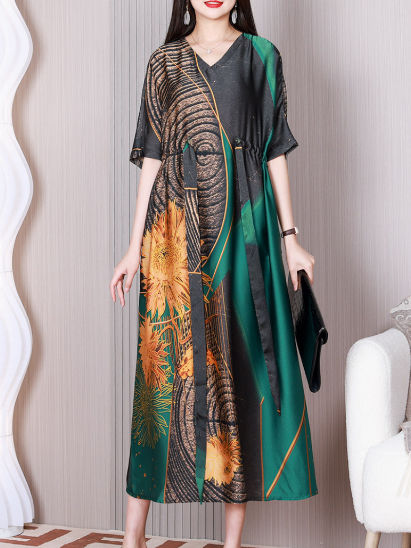 Green V-Neck Short Sleeve Floral Print Drawstring Waist Loose Midi Dress 3