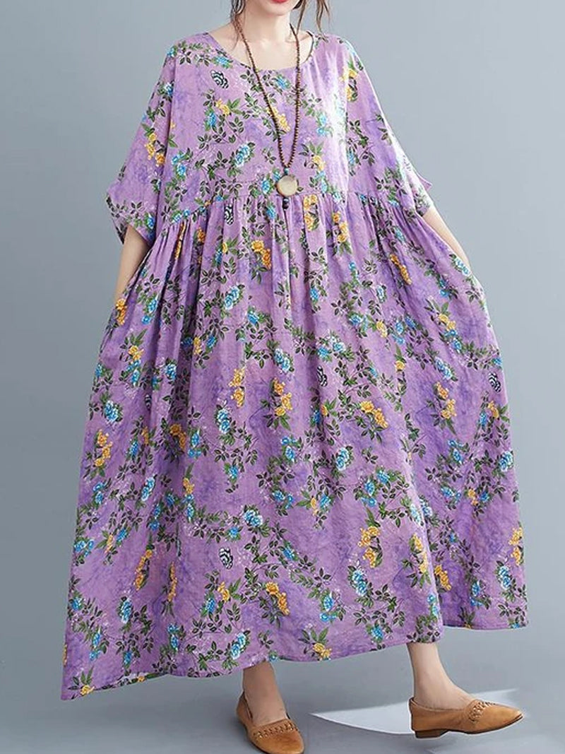 Purple Round Neck Floral Print Pleated Half Sleeve Loose A-Line Maxi Dress 3