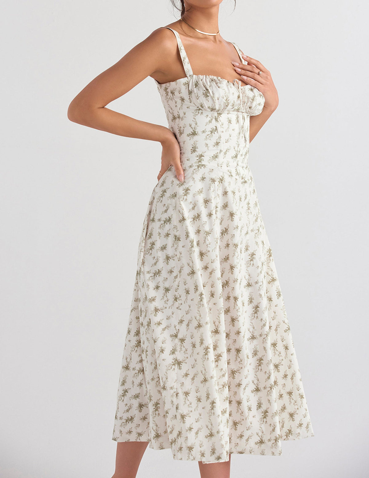 Sweetheart Neck Floral Print Corset Strap High Slit Midi Dress 8