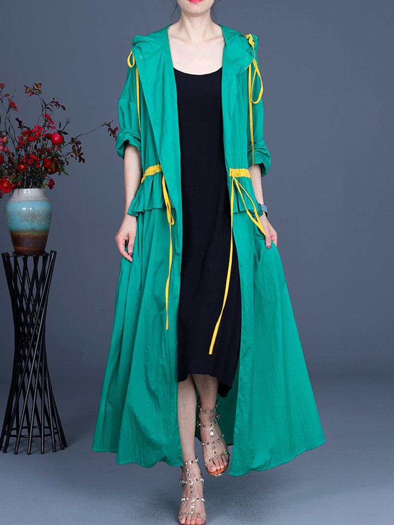 Hooded Drawstring Ruffle Pocket Open Front Long Duster Coat 2