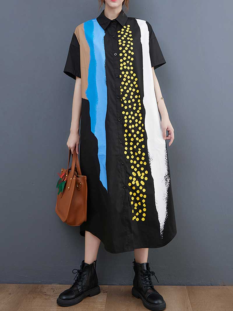 Collared Abstract Print Short Sleeve Shirt Midi Dress 9