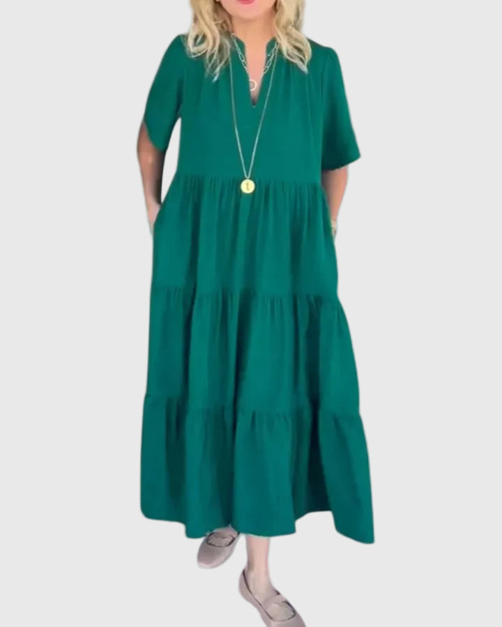 Notch Neck Short Sleeve Tiered Pocket Flowy Maxi Dress