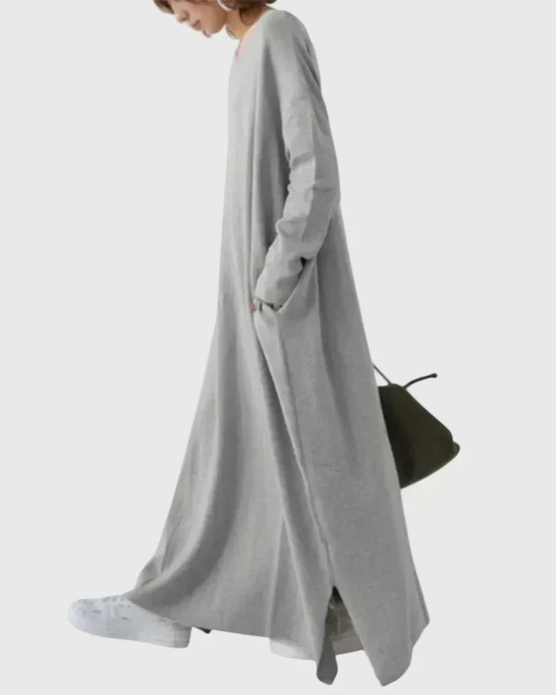 V-Neck Long Sleeve Batwing Loose Knit Side Slit Maxi Dress