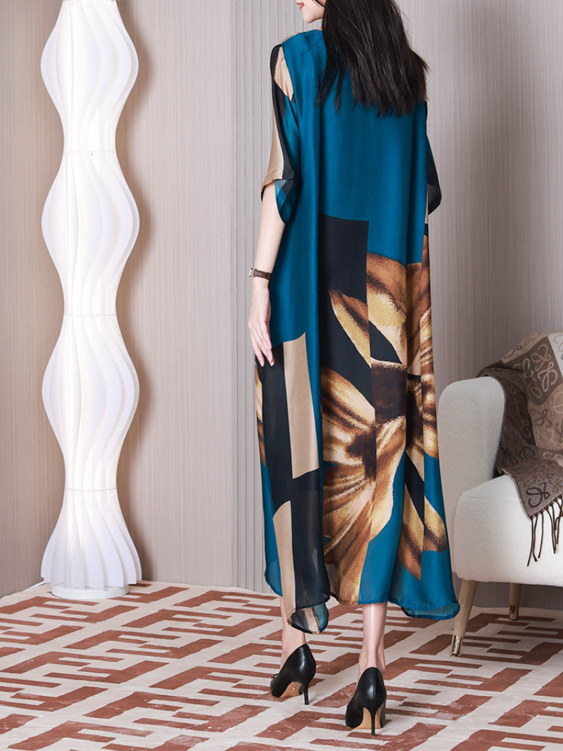 Round Neck Floral Print Short Sleeve Loose A-Line Maxi Dress 8