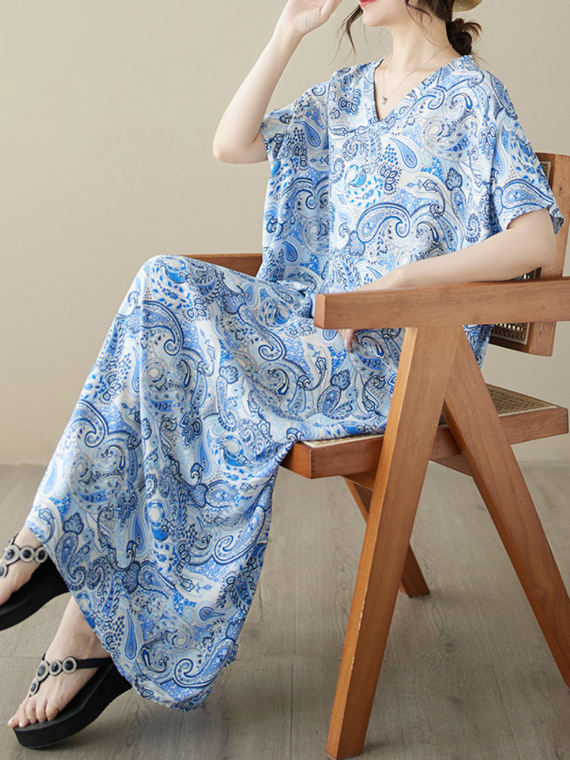 V-Neck Paisley Print Short Sleeve Loose Kaftan Maxi Dress