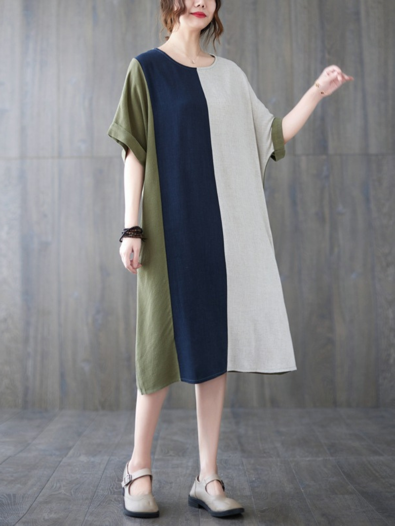 Round Neck Short Sleeve Colorblock Patchwork Cocoon Midi Dress