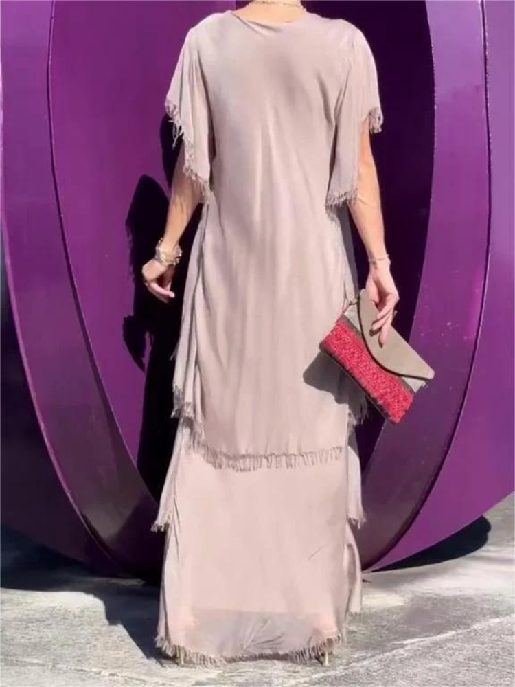 V-Neck Sequin Trim Flutter Sleeve Tiered Ruffle Chiffon Maxi Dress 12