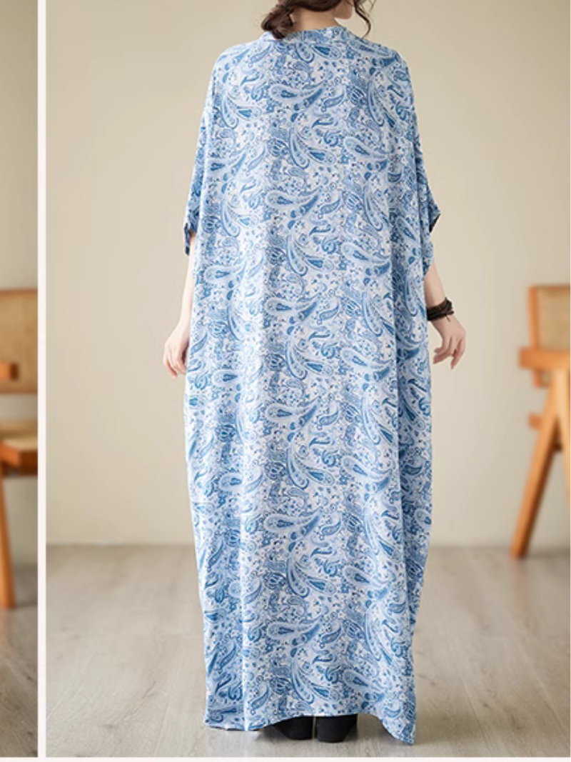 Split Neck Batwing Sleeve Paisley Print Loose Kaftan Maxi Dress 8