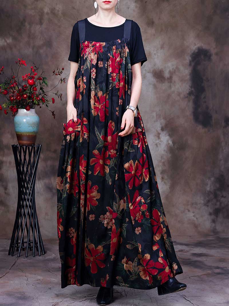 Strap Floral Print Pleated Pocket Loose Pinafore Maxi Dress 2