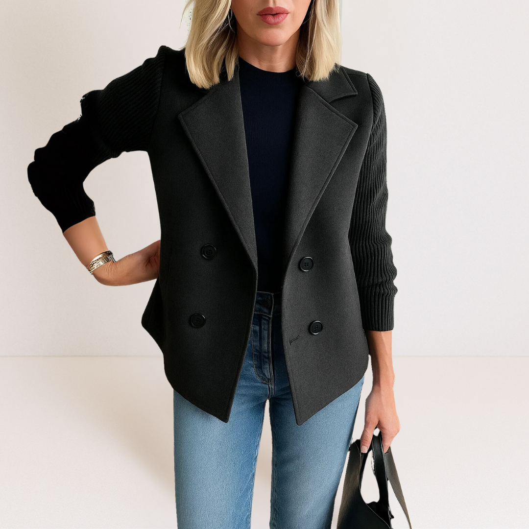 Notch Lapel Ribbed Knit Sleeve Double-Breasted Coat 8