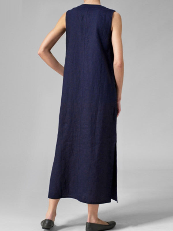 V-Neck Half Button Sleeveless Side Slit Linen Maxi Dress 9