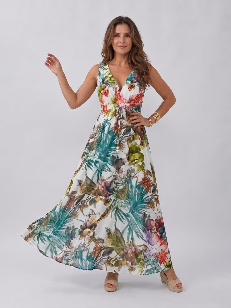 V-Neck Leaf Print Half Sleeve Crochet Trim Empire Maxi Dress 6