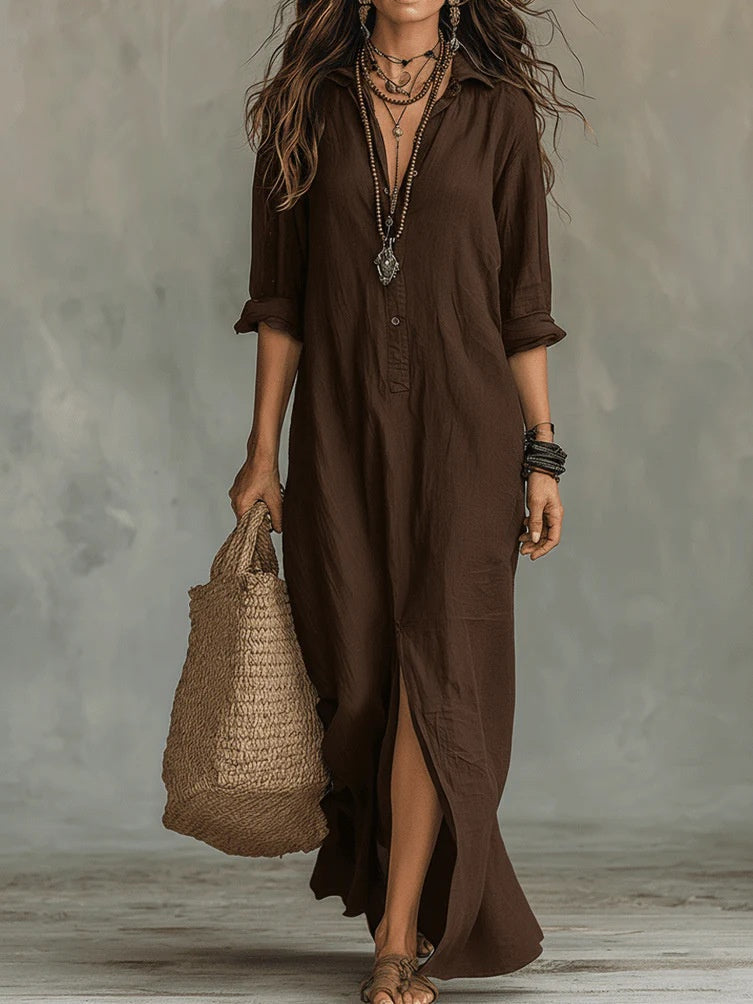 Collared Button Placket Long Sleeve Linen Side Slit Shirt Maxi Dress
