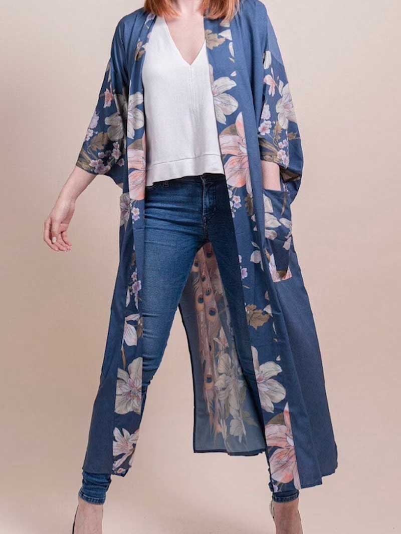 Grey Floral Print Belted Long Length Kimono Robe