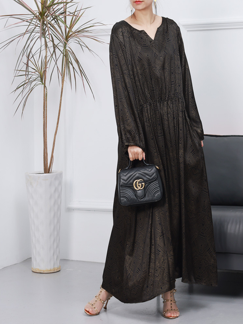 Split Neck Long Sleeve Jacquard Satin A-Line Maxi Dress