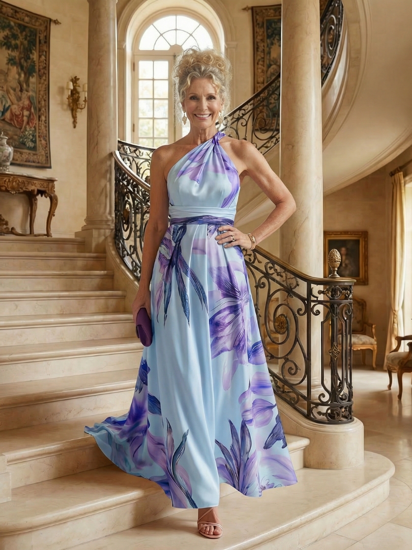 Halter Neck Twist Floral Print Satin A-Line Gown 11