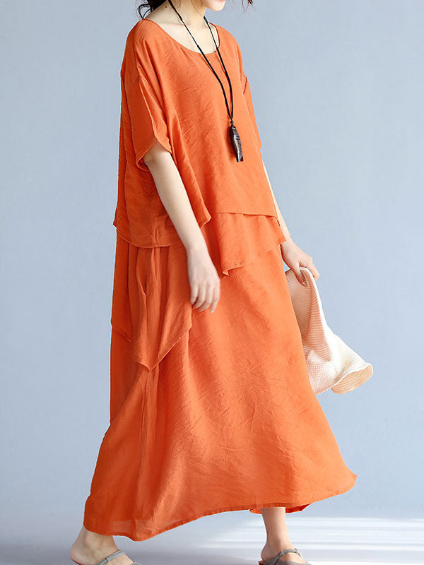 Round Neck Layered Short Sleeve Loose A-Line Linen Maxi Dress 10