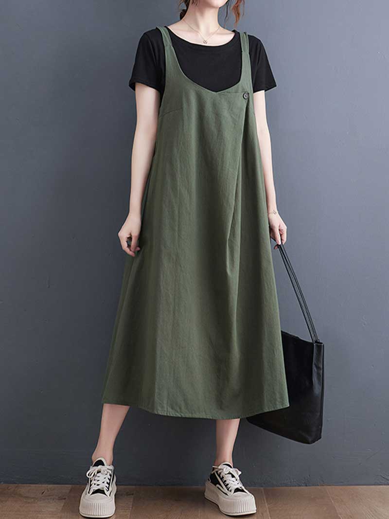 Wide Strap Cotton Loose A-Line Pinafore Midi Dress