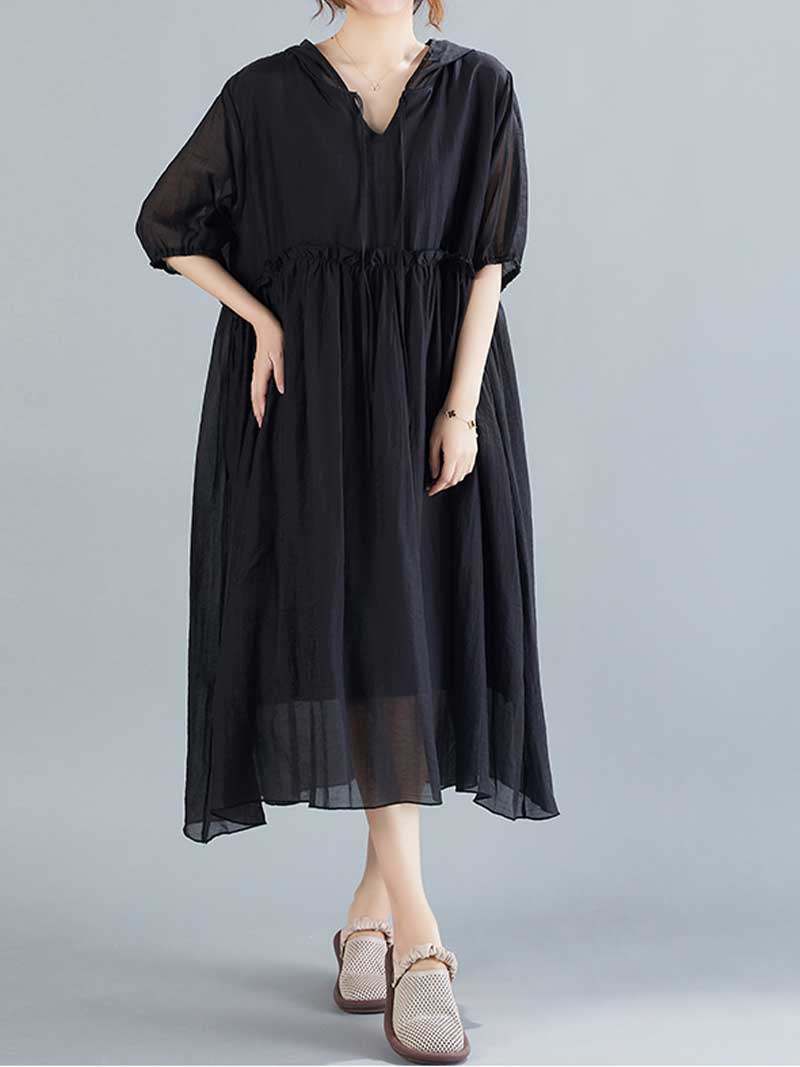 Hooded V-Neck Short Sleeve Pleated Loose A-Line Midi Dress 9