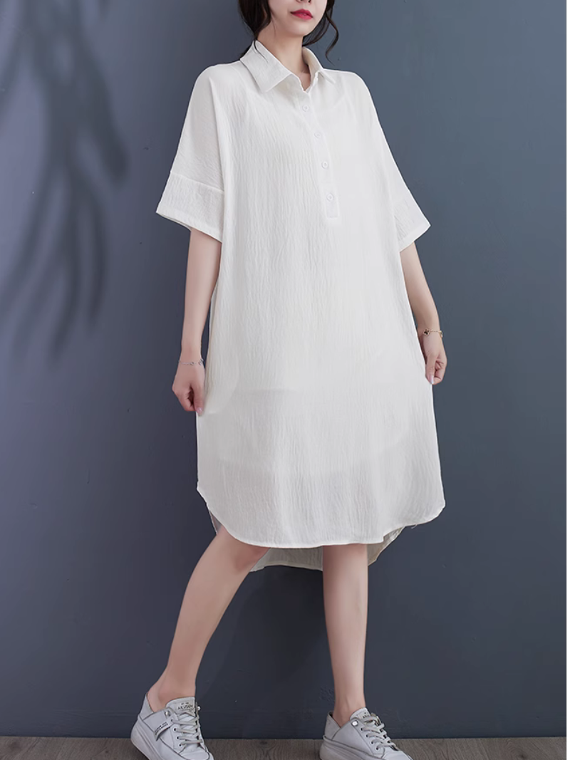 Collared Half Placket Textured Loose Shirt Midi Dress
