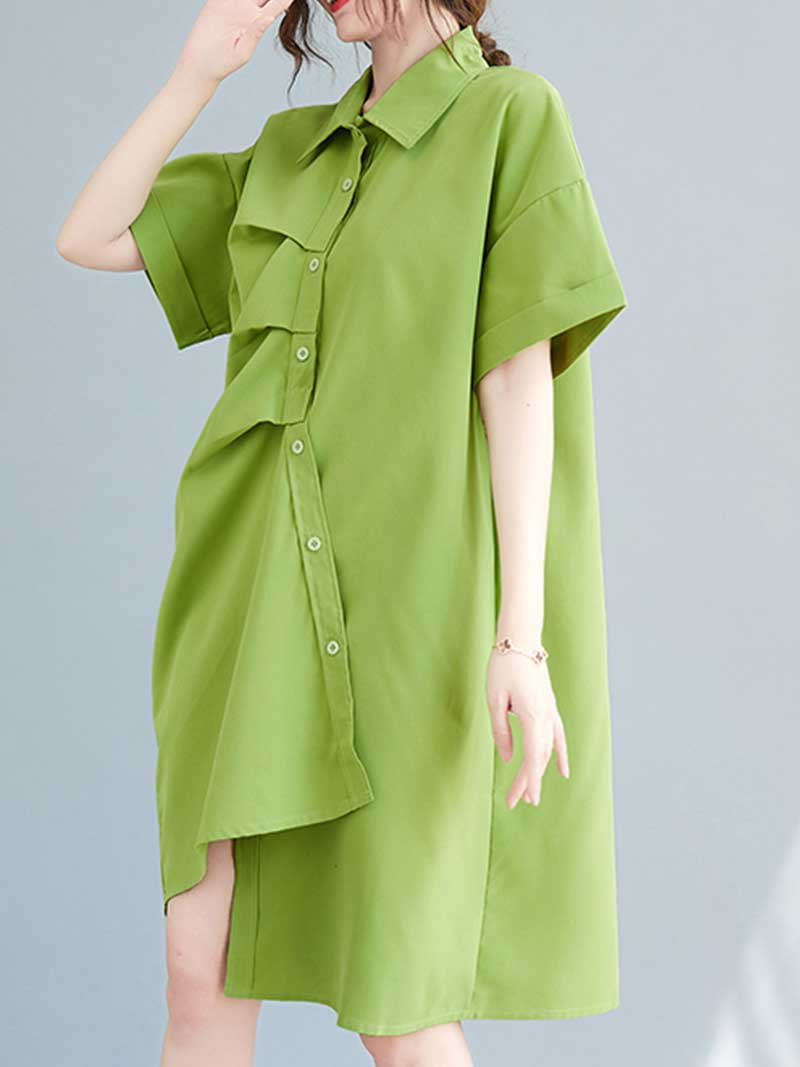 Pointed Collar Button Down Short Sleeve Irregular Hem Shirt Dress 7
