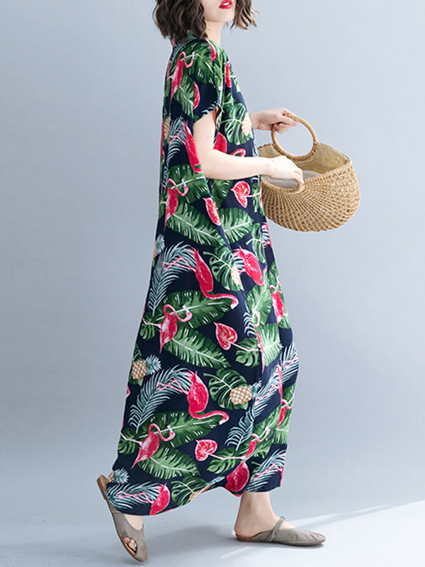 V-Neck Tropical Flamingo Print Short Sleeve Loose Kaftan Maxi Dress 8