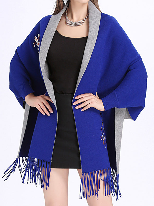Floral Embroidered Contrast Border Fringe Shawl Cardigan