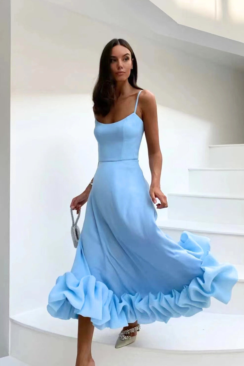 Scoop Neck Spaghetti Strap Ruffle Hem A-Line Midi Dress