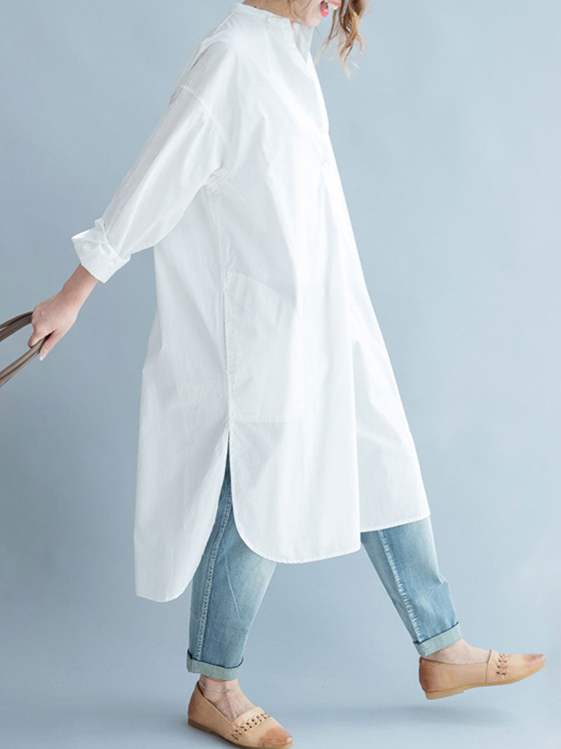 White Band Collar Button Front Long Sleeve Loose High-Low Shirt Dress 5