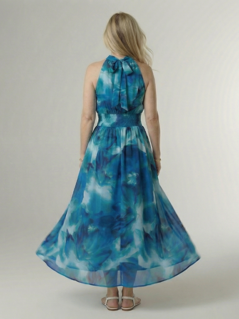 Halter High Neck Sleeveless Tie-Dye Print Shirred Waist Maxi Dress