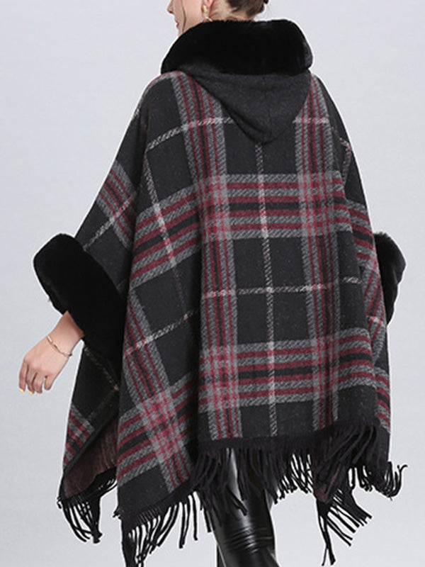 Faux Fur Trim Plaid Tassel Hem Cape Poncho Cardigan