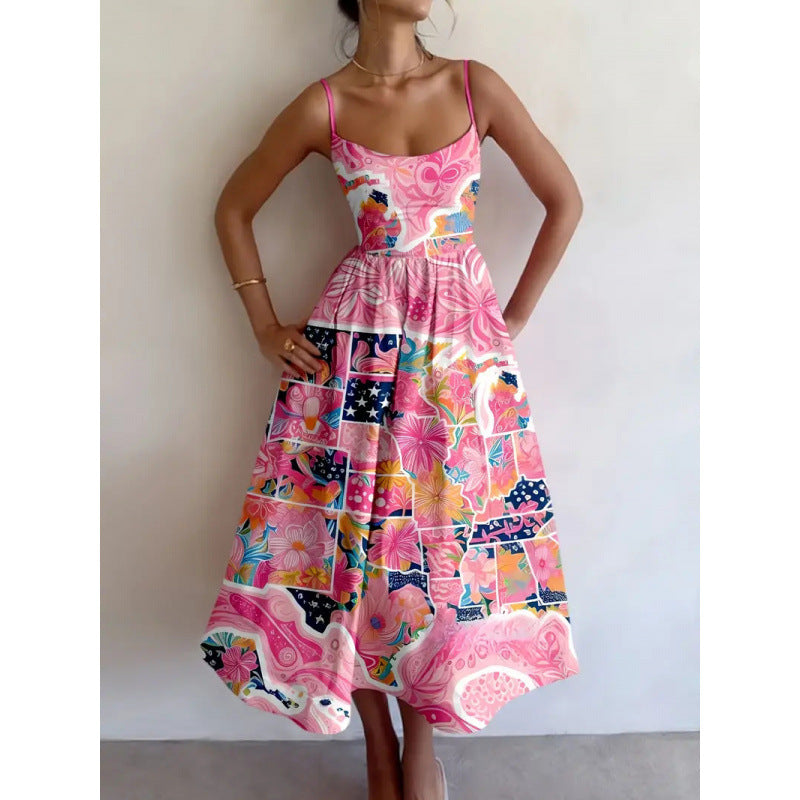 V-Neck Floral Print Half Sleeve Crochet Trim Empire Maxi Dress