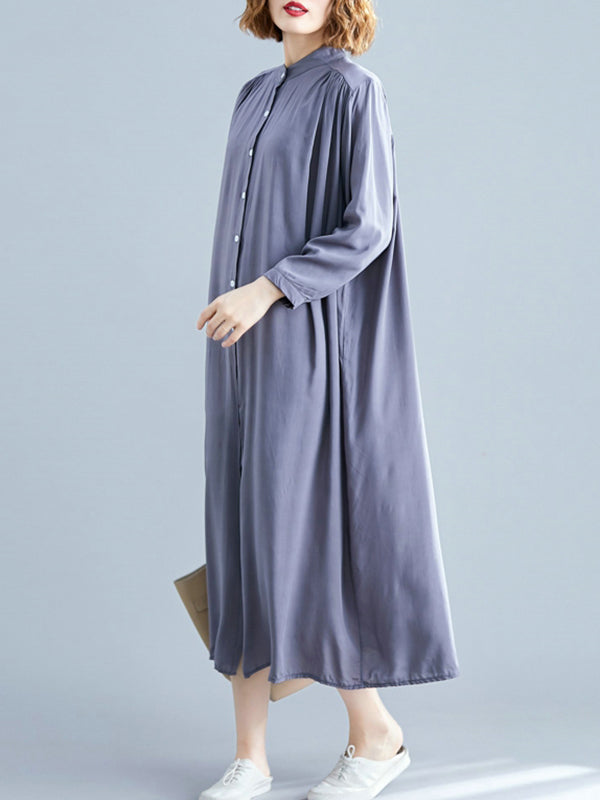 Stand Collar Long Sleeve Button Front Loose Shirt Midi Dress 5