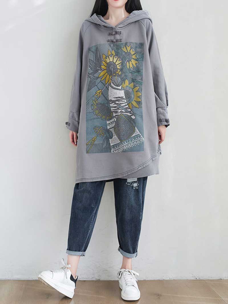 Hooded Floral Graphic Print Longline Sweatshirt Hoodie