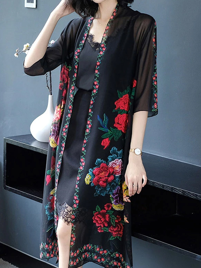 Open Front Floral Print Sheer Chiffon Long Kimono 8